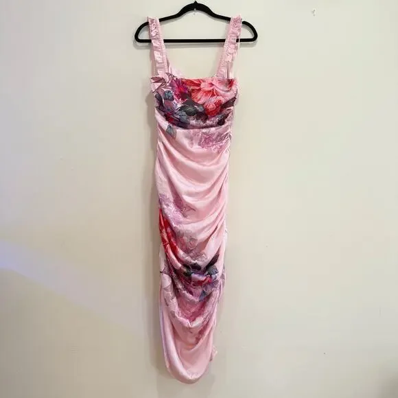 BHLDN Callie Sleeveless Ruched Printed Charmeuse Midi Dress Size US M - Picture 5 of 9